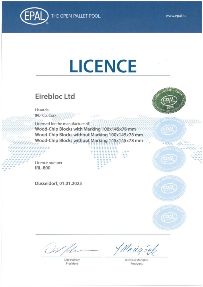 First page of Eirebloc's 2025 EPAL manufacturing licence.