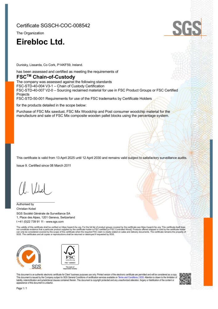 First page of Eirebloc's FSC Chain of Custody certificate.