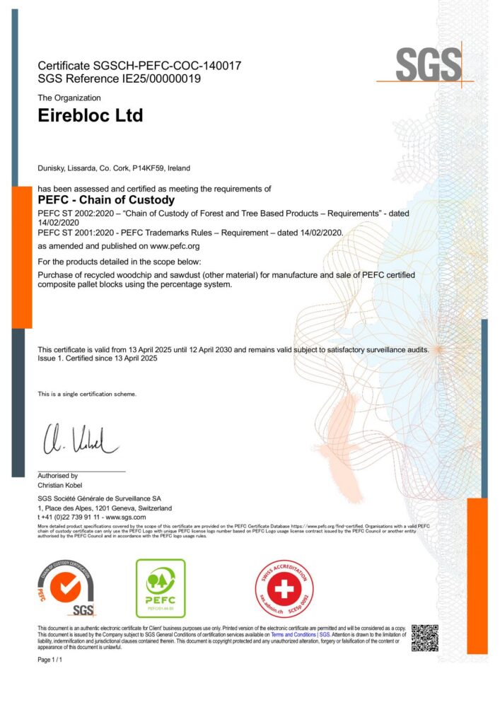 First page of Eirebloc's PEFC Chain of Custody certificate.