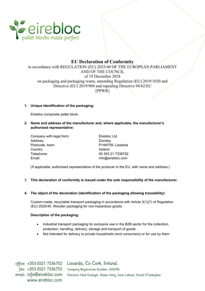 First page of Eirebloc's PPWR declaration of conformance.