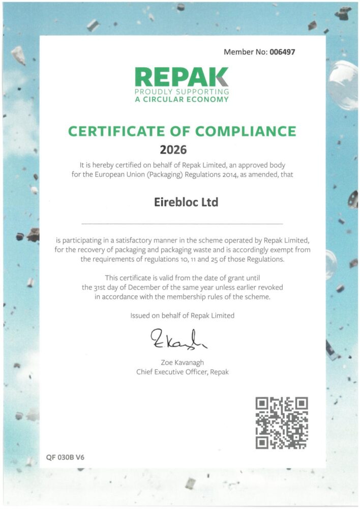 First page of Eirebloc's 2026 Repak certificate of compliance.