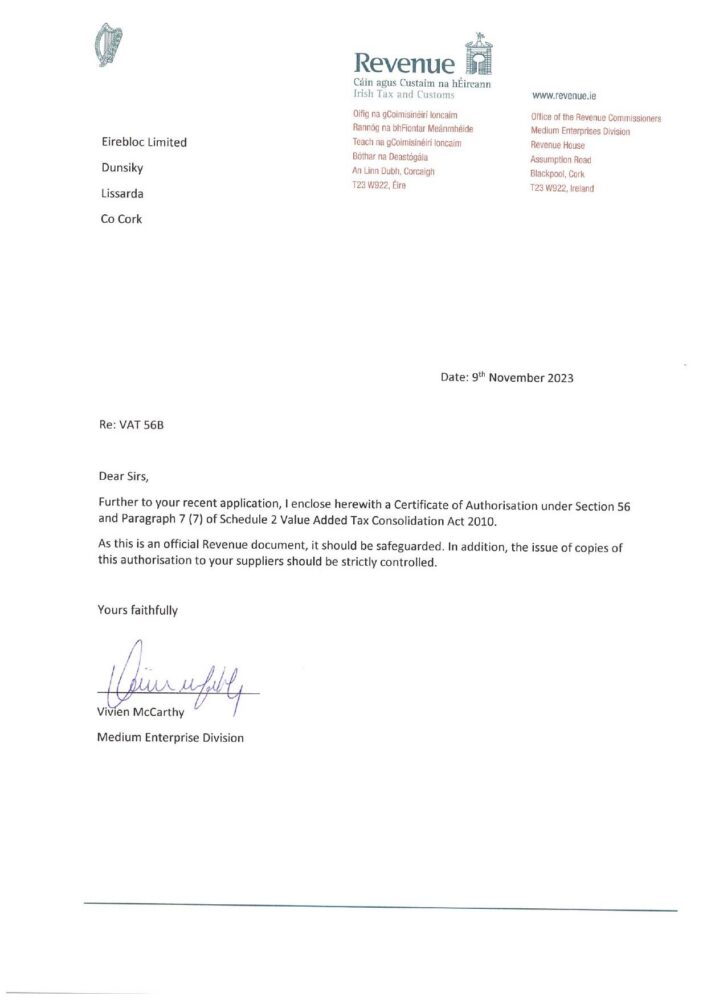 First page of Eirebloc's VAT 56B authorisation certificate.