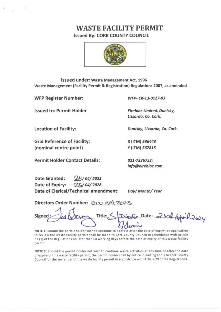 First page of Eirebloc's waste facility permit from Cork County Council.