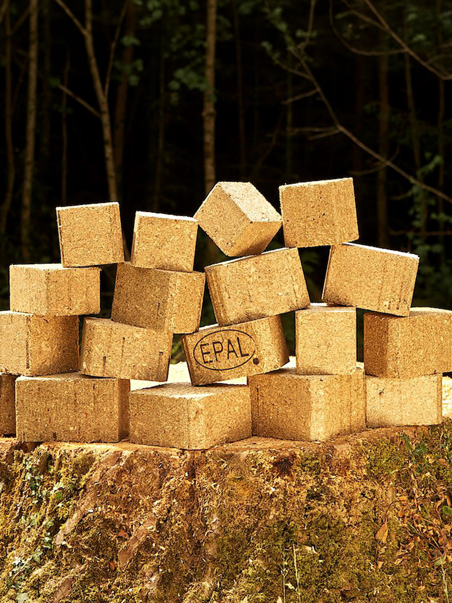 Composite pallet blocks stacked on a tree stump in woodland, one stamped with the EPAL mark.