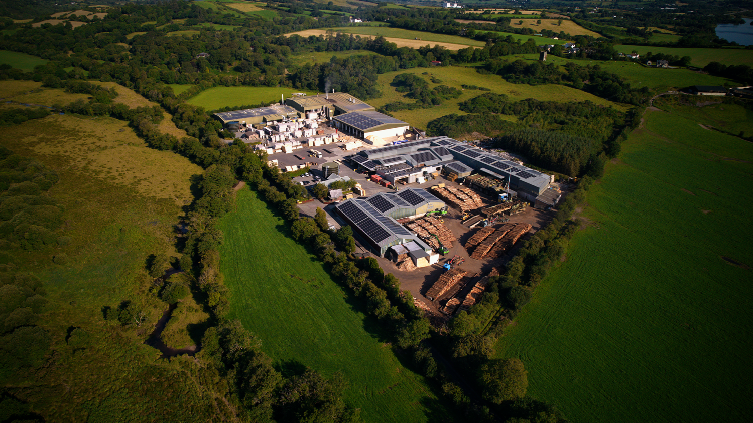 Wide aerial view of the Eirebloc and GP Wood site at Lissarda, County Cork.