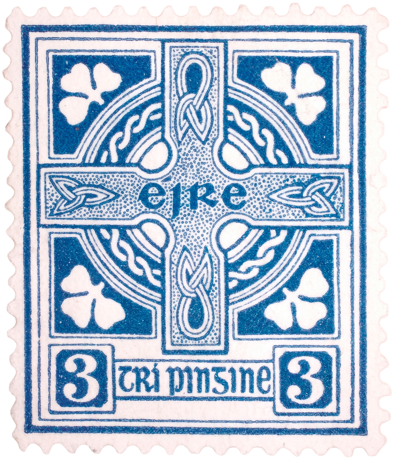 A used blue Irish three-penny stamp showing a Celtic cross, the word Éire across its centre and a shamrock in each corner.