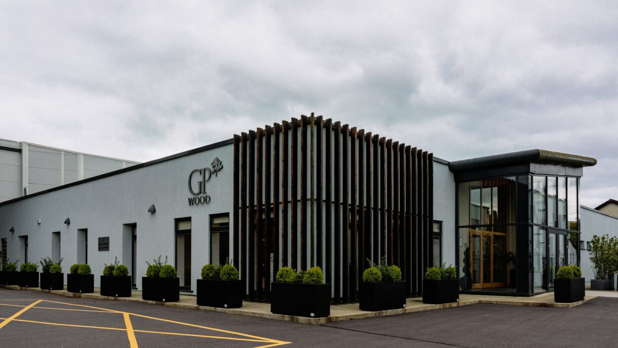 GP Wood's head office, a modern building with a vertical timber fin facade.