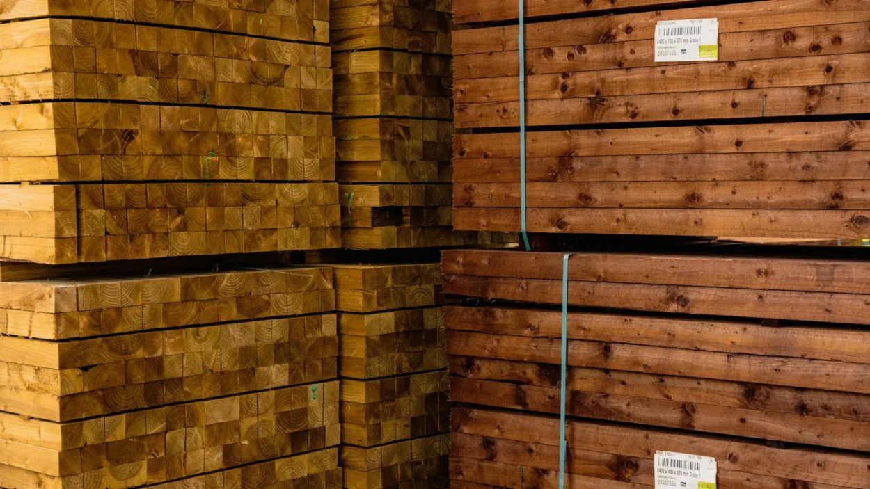 Stacks of treated sawn timber for fencing, posts and rails at GP Wood.